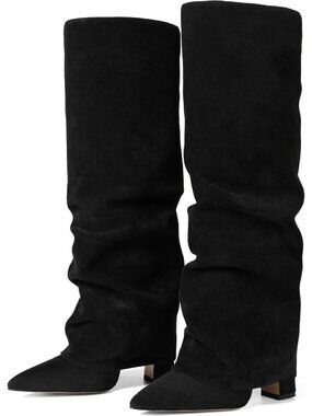 Women's Black Suede Pointed Toe Side Zipper Wide Calf Chunky Heel Shark Boots